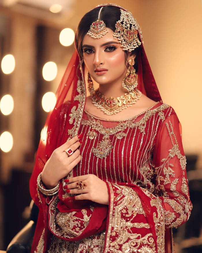 Woman in Traditional Wedding Clothes and Accessories